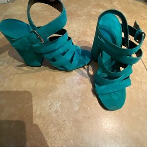 Alumnae Teal Blue Suede Block Heel Sandals Size 37